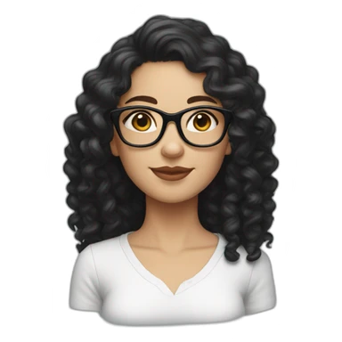 White girl with long curly black hair wearing square specs sticker