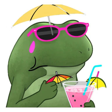 bufo frog with pink sunglasses holding a rainbow cocktail with a tiny umbrella sticker