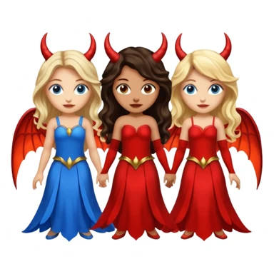 Three women as devil fairies with wings, brown eyed light skin with dark blonde long hair and Brown eyed light skin black long wavy hair and blue eyed light skin long blonde hair sticker