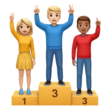 three casually dressed people on a winners podium with no label, middle step higher, each on their step, center person holds up one finger on each hand, fun expressive cheerful emoji style sticker