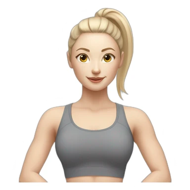 Pale skinned fit woman In a gray tight yoga suit With ash blonde hair in a ponytail doing yoga sticker