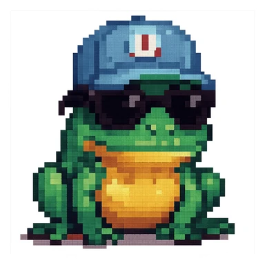 Tiny tropic frog wearing a baseball cap and sunglasses, pixel-art style sticker