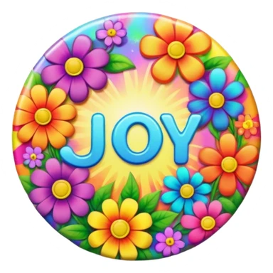 A round psychedelic colored button that says joy with rainbow colored hippie style flowers sticker
