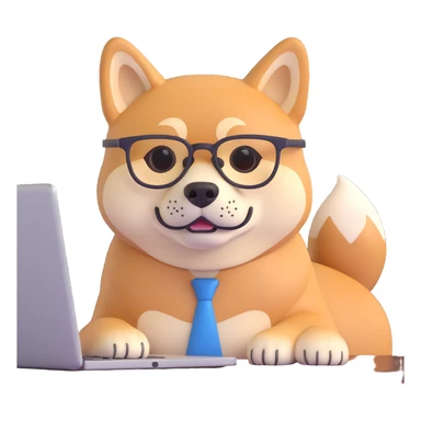 shiba inu with eye glasses and computer sticker
