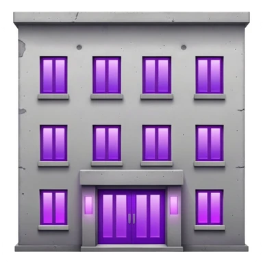 Small gray concrete apartment building with bright purple window glow, stark and simple sticker