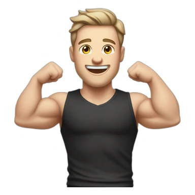 Joyful Celebrating victory Pale skinned Fit Man With the biceps and dark brown hair in black shirt, gray sports shorts and white Sneakers sticker