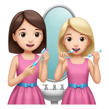 Girl brushing her teeth with her mom looking in mirror wearing pink sticker