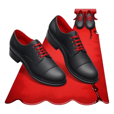 Minimalist emoji-style sticker of two black shoes standing on a red carpet that fades into a bloodstain. Flat, frontal design, simple icon composition. sticker