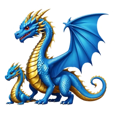 Giant blue dragon stood next to a small golden dragon sticker