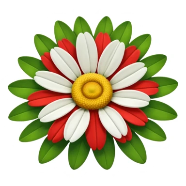 A fifteen-petalled daisy with green, red and white petals and a yellow centre.
Only the face of the daisy should be visible. sticker