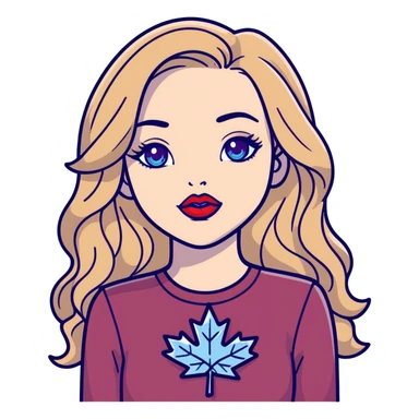 Pale skin wavy long brown hair blonde highlights very light blue crystal eyes big  lips wearing bright red lipstick female wearing a black long sleeves the phrase "canadian chick's" in red purple on front and maple leaf red earrings sticker