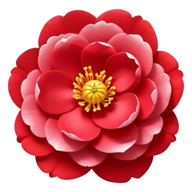 red Japanese camellia flower with layered petals and yellow stamen, flat design sticker