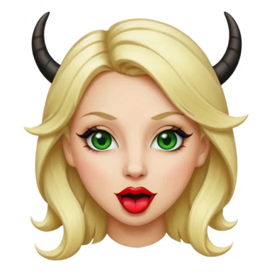 Emoji femme blonde cheveux blond, yeux vert avec de long cils noir qui tire la langue et à des cornes  sticker
