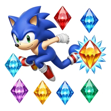 I want Sonic the hedgehog with the 7 chaos emeralds and the Goku aura transformation, where is the super Sonic aura Is a power 7 diamonds, red, blue, yellow, green, white, skyblue and purple, and Sonic changed color into yellow with the seven diamonds or chaos emeralds, and the spine is up sticker