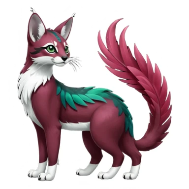 Colorful dark tropical feathery tribal dark burgundy wine-red obsidian-black jade-green white glorious iridescent divine exotic cute cool beautiful beautiful fantasy-caracal-civet-genet-sergal-vernid-Gryphon-Cacomistle-Trico-oncilla-animal-Fakémon-hybrid-fursona (full body) sticker