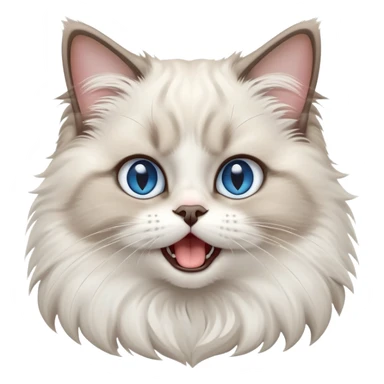 cinematic-adorable-big-eyed-fluffy-ragdoll-cat-portrait-emoji,-head-tilted-playfully-with-a-cute,-yawn,-white and grey fur,-simplified-yet-irresistibly-cute-features, blue eyes sticker