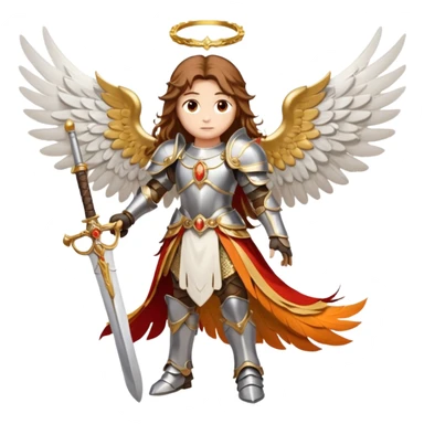  The angel has long brown hair surrounded by a golden halo and large white-and-orange feathered wings, wearing ornate silver armor with gold accents and a red sash. In its right hand it grips a white sword upright, while its left hand rests near the hilt of another weapon at its sid  sticker