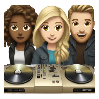 3 people: a white girl with dark hair, a brown girl, and a white guy behind DJ turntables together sticker