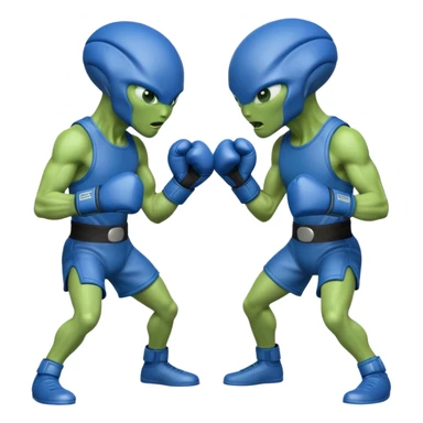 two aliens boxing in a fight stance, facing each other with raised gloves, dynamic action pose, intense expressions, sci-fi arena vibe, 3D cartoon style, mobile game icon style, clean background, no text, no watermark
 sticker