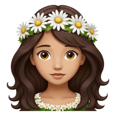 ["Medium skin tone female, long dark-brown hair with gentle waves, wearing a white daisy floral crown."] sticker