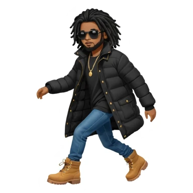 African American man brown skin complexion with black dreadlocks shoulder length wearing black bubble winter coat wearing black sunglasses with denim skinny jeans and timberland boots standing running sticker