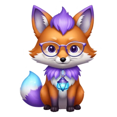 Laughing with tears of joy 😂 — a small magical fox with shimmering purple and blue fur, a glowing fluffy tail, a silver star on its forehead, round glasses, and a tiny lantern. sticker