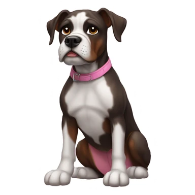 chappel roan but she is a black boxer with white and pink features. she has the same hair and outfit but a dog face sticker