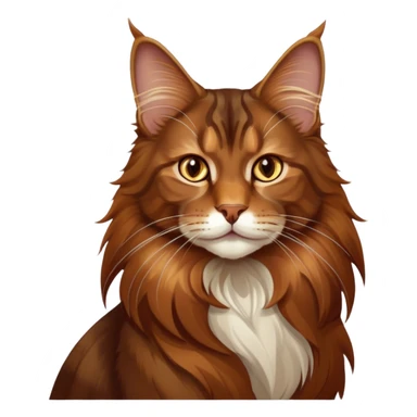 Cinematic Brown Maine Coon Cat Portrait Emoji, Elegant and alert, sleek brown and gold tones with hints of deep auburn, Simplified yet sharp features, highly detailed, glowing with a warm, confident glow, high shine, intelligent and poised with an air of wisdom, stylized with an air of grace, focused and attentive with a calm, old soul expression, soft glowing outline, capturing the essence of experience and majesty, so lifelike it feels as though it could spring into motion at any moment, radiating wisdom and grace. sticker
