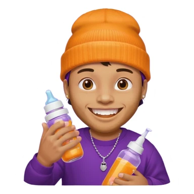 guy with orange beanie with gold teeth grillz holging a baby bottle with purple liquid sticker