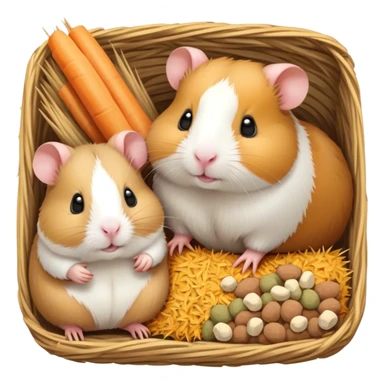 Icon for Hamster and Guinea Pig: A cute, colorful collage with a fluffy hamster and a chubby guinea pig munching on some hay. Soft, playful background with tiny food pellets and a cozy bedding area. Transparent background. sticker