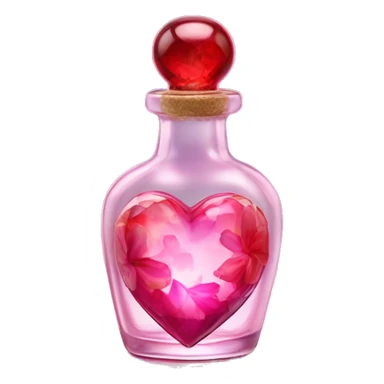 Antique oil heart bottle made of crystal glass of all gentle colors of the red and pink, a living flower fairy sits at the bottom of the bottle sticker