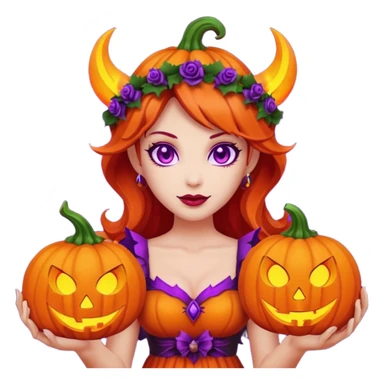 female-succubus-emoji,-red-skin,-purple-eyes,-elegant-face,-pumpkin-wreath-on-head,-with,-holding-small-glowing-pumpkin-lantern,-halloween-fantasy sticker