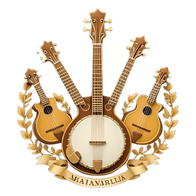 Design a complex, festive, and professional emblem-like emoji representing plucked string instruments. The composition should resemble a heraldic crest, featuring iconic instruments like a banjo, mandolin, domra, and sitar, artistically arranged in a balanced and symmetrical layout. The necks of the instruments should extend upward, intertwining with a flowing ribbon of musical notes, which weaves elegantly around the strings and headstocks. The design should incorporate intricate details, such as carved patterns on the instruments and decorative fretboards, while maintaining clarity and recognizability. Use a rich and celebratory color palette with gold, deep brown, and vibrant accents, adding subtle highlights and shadows for a polished, three-dimensional look. Include ornate elements like laurels, swirls, or subtle engraving to enhance the emblematic feel. The background should be transparent to highlight the composition as a standalone emblem. sticker