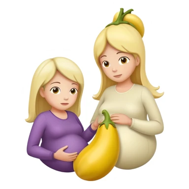 yellow eggplant attached to a pregnant person, with a bowing person turned to the side sticker