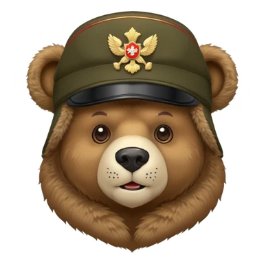 Cartoon Russian bear head wearing military style ushanka hat with Russian emblem, iOS emoji style sticker