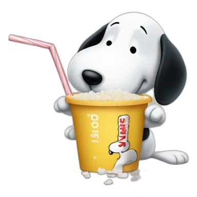 Snoopy holding a straw in his hand against his nose leaning over a table sucking up a pile of sugar sticker