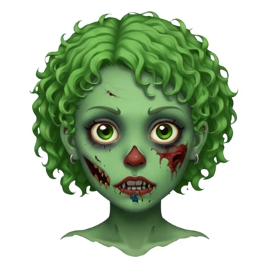 faça uma cabeça verde de zumbi femenina, com im cabelo curtinho cacheado, piercing no nariz, e brincos na orelha e várias cicatrizes, deixe ela macabra sticker