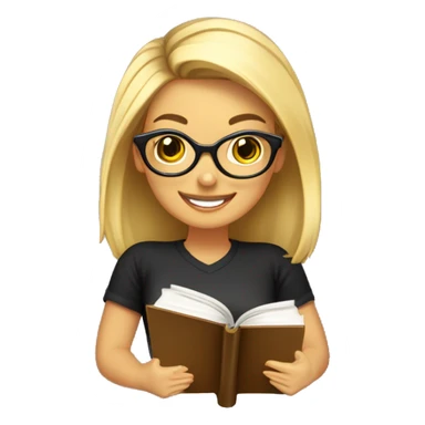 chica profesora joven rubia pelo largo y liso, sonriendo con libros en una mano, con gafas pequeñas color marrón redondas, vestida con camiseta color negro y con pendientes de aros grandes color dorado  sticker