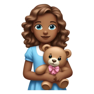 Little Girl with fair (brown) skin, blue eyes. Long brown wavy loose hair and a pink bow in it. She is wearing a pink and White dress, standing and holding on to a teddybear. sticker