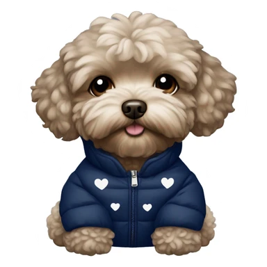 Dark brown maltipoo wearing navy blue puffer jacket with tiny white hearts pattern sticker