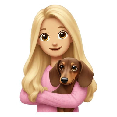 a cheerful long-haired brown marble dachshund in full height on the side in the arms of a blonde girl with blue eyes in a pink sweater sticker