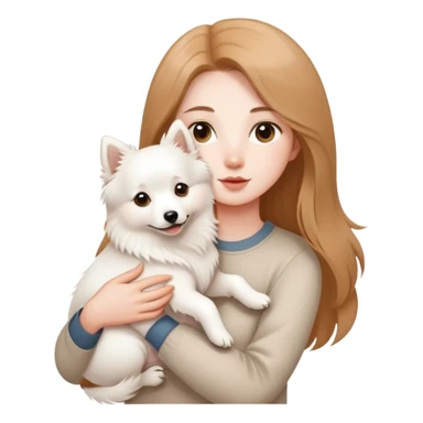 long light brown hair girl with pale skin holding a white Japanese spitz dog in her arms sticker