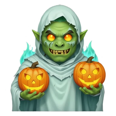 male orc warrior ghost emoji, green skin, wearing torn white ghost sheet costume, holding glowing jack-o'-lantern, faint blue aura, friendly but spooky expression, Halloween fantasy theme, Apple emoji style, clean white background, square sticker