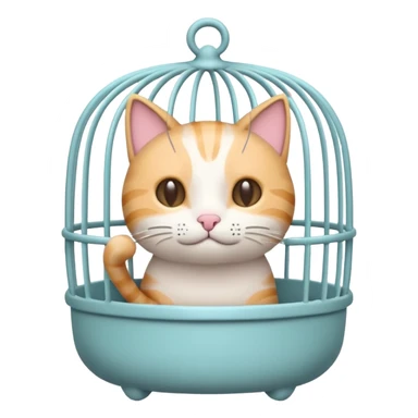 A cute emoji-style cat cage — rounded, cartoon look, clean outline, pastel colors. Vertical metal bars in front, small handle on top, and soft edges. Simple, minimal details, high contrast, with no cat inside sticker