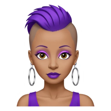 57 years young,  brown skinned Black queen with a  no hair on side and a  mohawk hairstyle, purple lipstick,  purple eyeshadow,  droopy looking  eyes, hoop  design 
 earrings with the name Draya personalized on them.  sticker