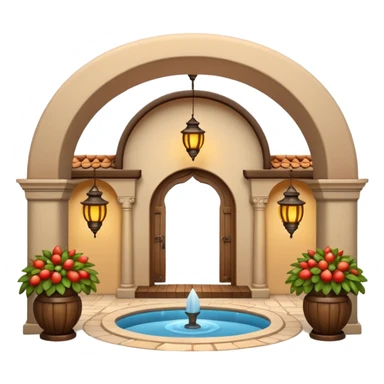 3D Apple-style emoji of a traditional Turkish han with courtyard, arches, fountain, wooden doors, and hanging lanterns. Rounded, glossy, smooth, soft shadows, white background.







 sticker