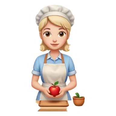 cartoon Apple iOS emoji style woman, pastel colors, Chilean wooden kitchen background, clay pots, warm light, detailed and clean vector art sticker