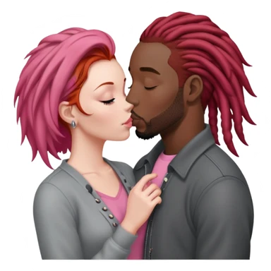 Mulher ruiva, pele branca, roupinha rosa, beijando um homem negro, com dreads nos cabelos e roupa cinza sticker