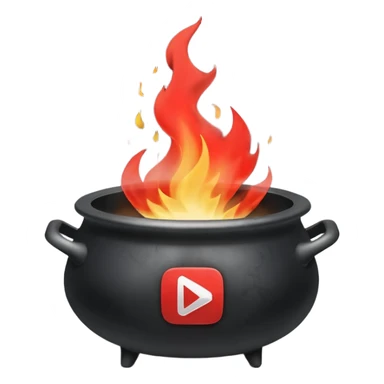 A black cauldron with lot of smoke rising, and the white YouTube play button logo floating above the smoke, red fire on the bottom sticker