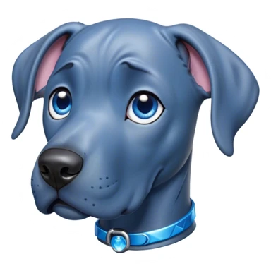 Cinematic Cute Blue Great Dane Portrait Emoji, Head tilted playfully and inquisitively, featuring a glossy blue Fur with a refined sheen, round, sparkling steel-blue eyes filled with curiosity, Simplified yet irresistibly adorable features, highly detailed, glowing with a warm, friendly glow, high shine, affectionate and gentle, stylized with a touch of whimsy, bright and endearing, soft glowing outline, capturing the essence of a mischievous yet loving pup, so playful it feels like it could lumber out of the screen and into your arms! sticker